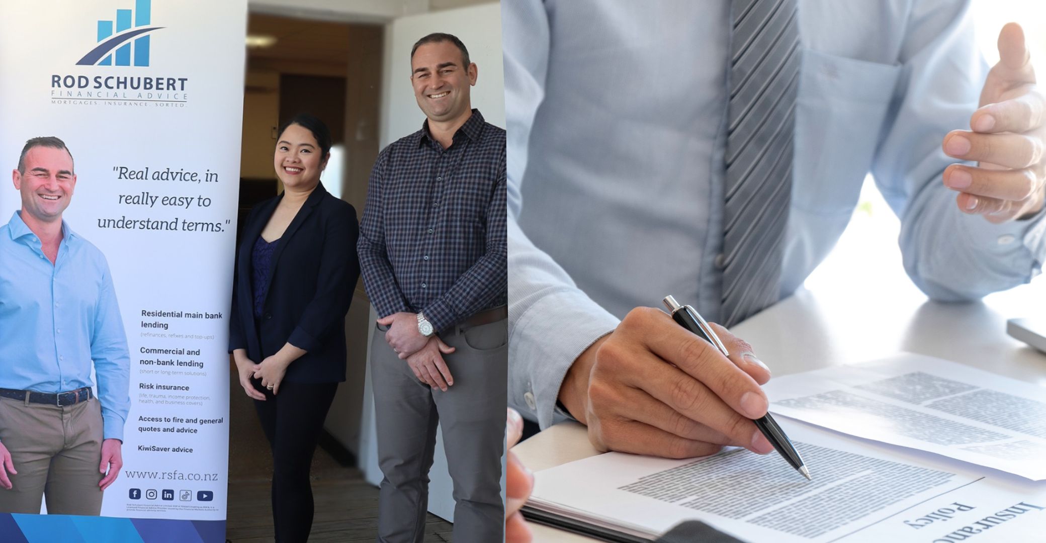 Collage photo of two insurance advisers and an insurance policy.